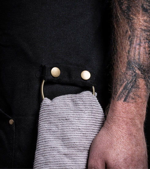 Heavy Duty Black Canvas Kitchen Apron with Phone/Pencil Pocket, Removable Kitchen Towel Rings and Sweatshirt-Style Pocket