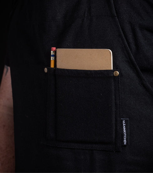 Heavy Duty Black Canvas Kitchen Apron with Phone/Pencil Pocket, Removable Kitchen Towel Rings and Sweatshirt-Style Pocket