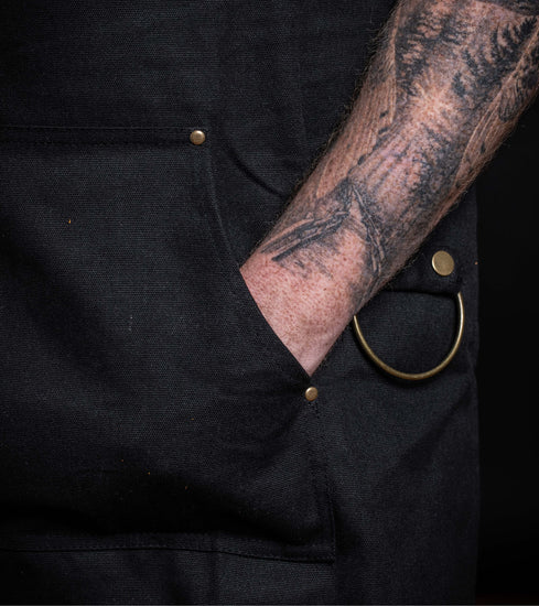 Heavy Duty Black Canvas Kitchen Apron with Phone/Pencil Pocket, Removable Kitchen Towel Rings and Sweatshirt-Style Pocket